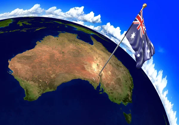 Bandera nacional de Australia que marca la ubicación del país en el mapa del mundo. Representación 3D, partes de esta imagen proporcionadas por la NASA — Foto de Stock