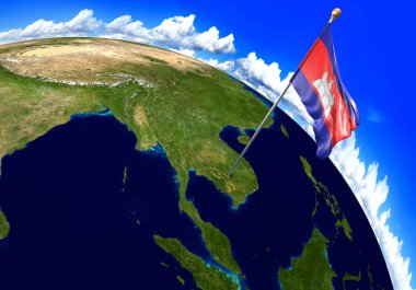 Kamboçya Ulusal bayrak ülke konumunu dünya haritası üzerinde işaretleme. 3D render, Nasa tarafından döşenmiş bu resmin parçaları