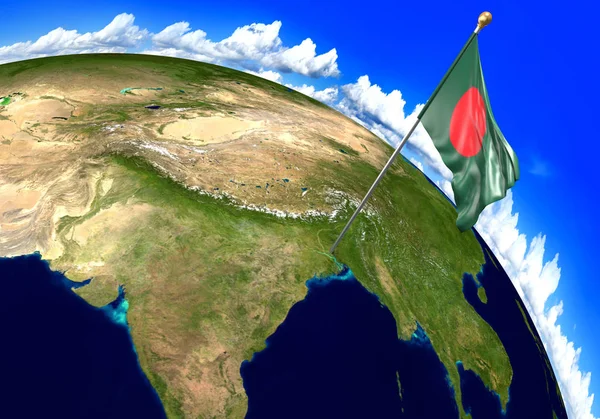 Bandera nacional de Bangladesh que marca la ubicación del país en el mapa del mundo. Representación 3D, partes de esta imagen proporcionadas por la NASA — Foto de Stock