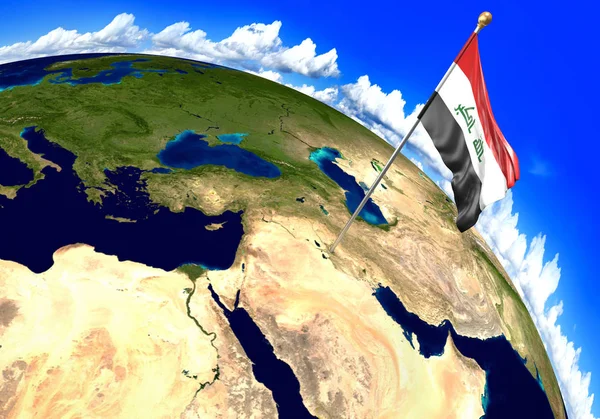 Iraq bandiera nazionale che segna la posizione del paese sulla mappa del mondo. Rendering 3D, parti di questa immagine fornite dalla NASA — Foto Stock