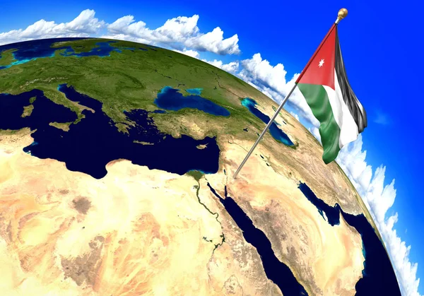 Jordanië nationale vlag markeren van de locatie van het land op de wereldkaart. 3D-rendering — Stockfoto