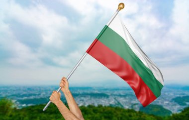 Genç adamın elleri gururla gökyüzünde, Bulgaristan Ulusal bayrak sallayarak bölüm 3d render