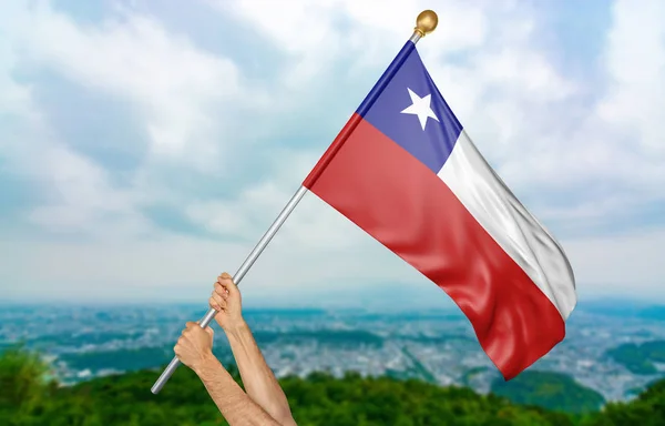 A fiatalember kezet büszkén integetett a Chilei nemzeti zászló az égen, rész 3d-leképezés — Stock Fotó