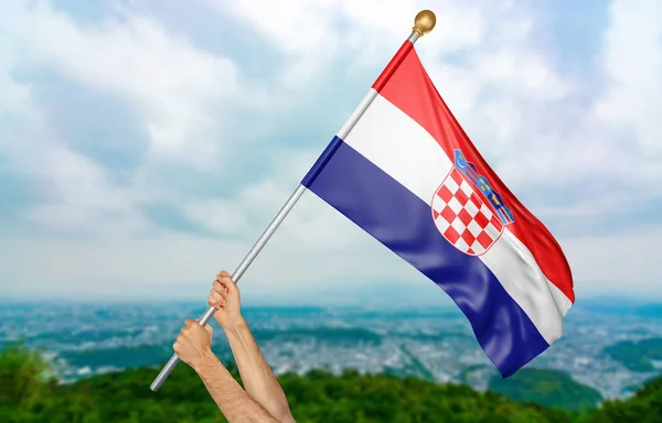 Молода людина руки з гордістю розмахуючи національного прапора Хорватії у небі, частина 3d-рендерінг — стокове фото