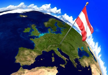 Avusturya ulusal bayrak ülke konumunu dünya haritası üzerinde işaretleme. 3D render, Nasa tarafından döşenmiş bu resmin parçaları