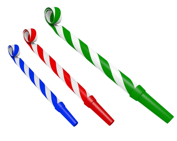 Silbatos coloridos a rayas del ventilador del partido para hacer ruidos molestos, representación 3D —  Fotos de Stock