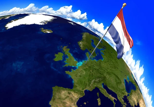 Netherlands national flag marking the country location on world map. 3D rendering, parts of this image furnished by NASA — Stock Photo, Image