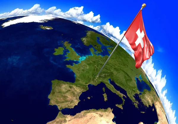 Suiza bandera nacional que marca la ubicación del país en el mapa del mundo. Renderizado 3D —  Fotos de Stock