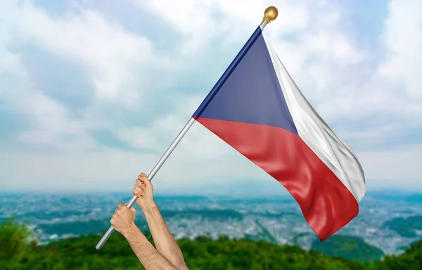 Die Hände des jungen Mannes schwenken stolz die Nationalflagge der Tschechischen Republik in den Himmel, Teil 3 — Stockfoto