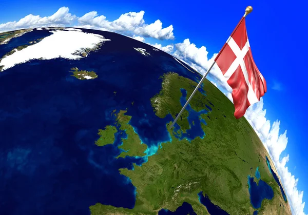 Bandera nacional de Dinamarca que marca la ubicación del país en el mapa mundial. Renderizado 3D —  Fotos de Stock