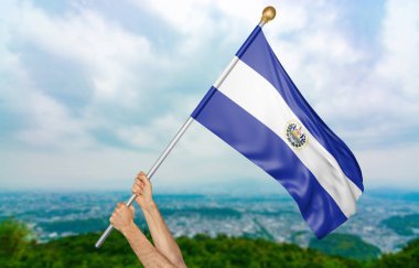 Genç adamın elleri gururla gökyüzünde, El Salvador ulusal bayrak sallayarak bölüm 3d render