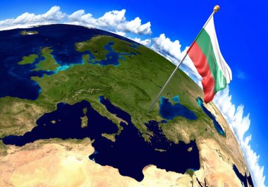 Bulgaristan Ulusal bayrak ülke konumunu dünya haritası üzerinde işaretleme. 3D render, Nasa tarafından döşenmiş bu resmin parçaları