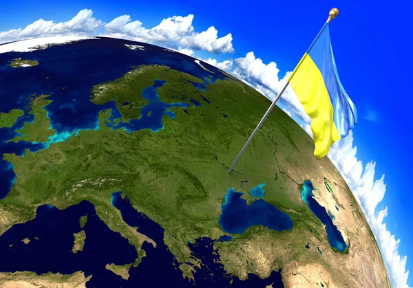 Ukraine national flag marking the country location on world map. 3D rendering — Stock Photo, Image