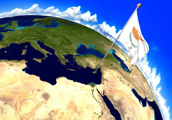 Cyprus nationale vlag markeren van de locatie van het land op de wereldkaart. 3D-rendering — Stockfoto