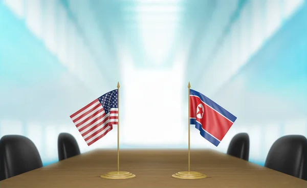 Förbindelserna mellan Förenta staterna och Nordkorea och diplomatiska samtal, 3d-rendering — Stockfoto