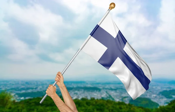 Młody człowiek ręce dumnie machać Flaga narodowa Finlandii w niebo, część renderowania 3d — Zdjęcie stockowe