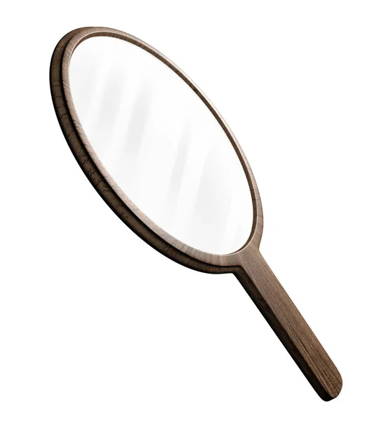 Espelho de mão de madeira em forma de redondo e antiquado para higiene pessoal, renderização 3D — Fotografia de Stock