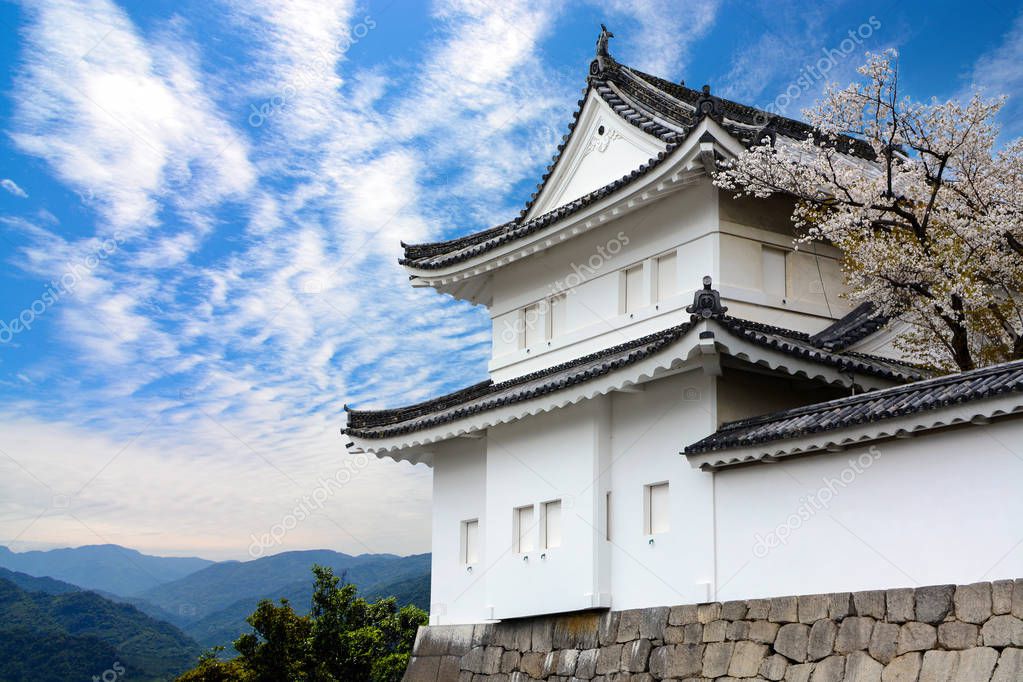 Historic Nijo Castle guard tower against a blue sky and mountains backdrop
