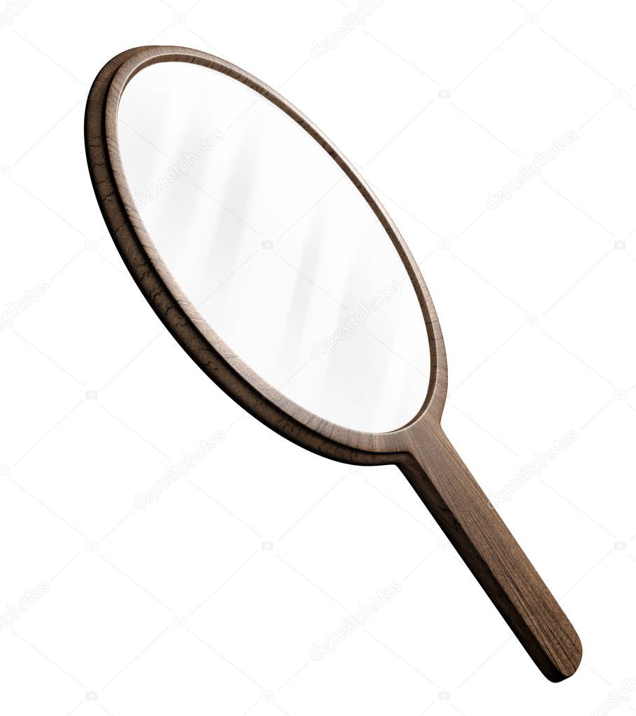 Round shaped old-fashioned wooden hand mirror for personal grooming, 3D rendering