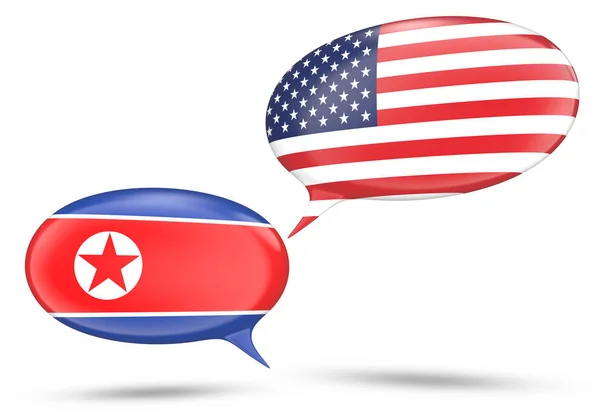 Severní Korea a USA vztahy koncept s textových bublin, vykreslování 3d objektů — Stock fotografie