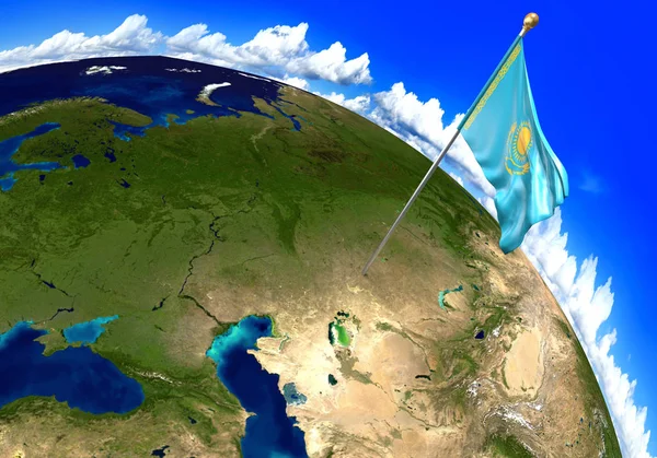 Kazakhstan national flag marking the country location on world map. 3D rendering, parts of this image furnished by NASA — Stock Photo, Image