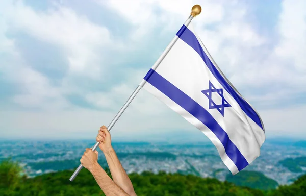 Jonge man handen zwaaien met trots de nationale vlag van Israël in de hemel, deel 3D-rendering — Stockfoto