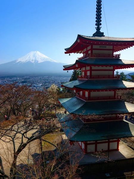 Fuji Dağı ve ikonik beş katlı Chureito Pagoda bahar sırasında Japonya — Stok fotoğraf