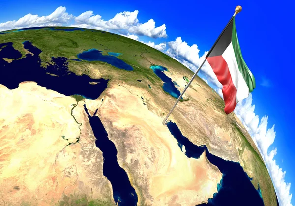 クウェート国旗世界地図上の国の場所をマーキングします。3 d レンダリング、Nasa から提供されたこの画像の部分 — ストック写真