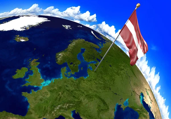Εθνική σημαία της Λετονίας σηματοδοτεί την τοποθεσία χώρα στον παγκόσμιο χάρτη. 3D rendering, μέρη αυτής της εικόνας επιπλωμένα από τη Nasa — Φωτογραφία Αρχείου