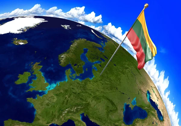Litouwen nationale vlag markeren van de locatie van het land op de wereldkaart. 3D-rendering, delen van deze afbeelding ingericht door Nasa — Stockfoto