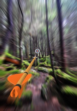 Ok bir okçuluk hedefine arka planda, parçası Fotoğraf, ağaçların uçan odak bölüm 3d render