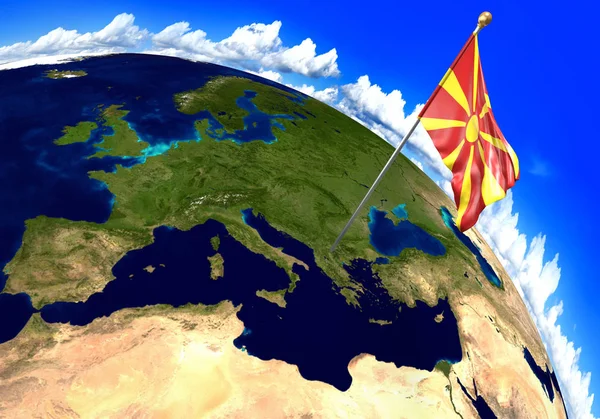 Macedonia national flag marking the country location on world map — Stock Photo, Image