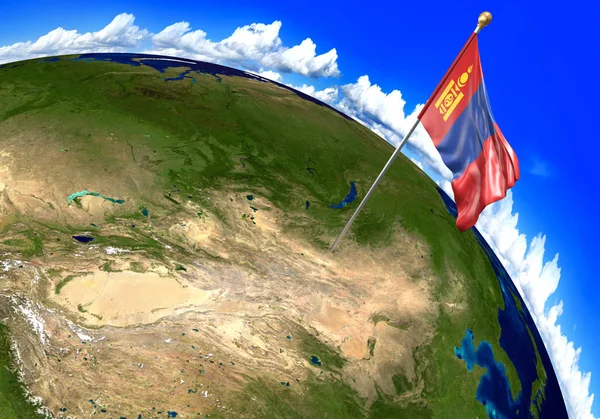 Mongolia national flag marking the country location on world map. 3D rendering, parts of this image furnished by NASA — Stock Photo, Image