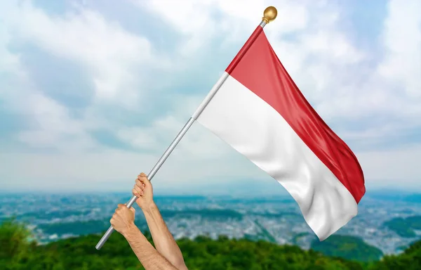 Genç adamın elleri gururla gökyüzünde, Endonezya ulusal bayrak sallayarak bölüm 3d render — Stok fotoğraf