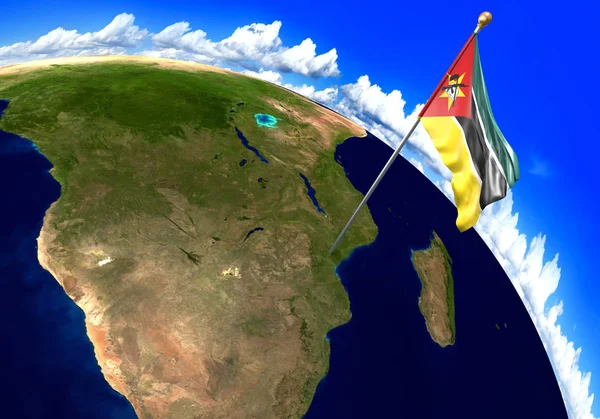 Bandera nacional de Mozambique que marca la ubicación del país en el mapa del mundo. Representación 3D, partes de esta imagen proporcionadas por la NASA —  Fotos de Stock