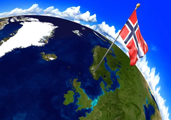 Bandera nacional de Noruega que marca la ubicación del país en el mapa mundial. Representación 3D, partes de esta imagen proporcionadas por la NASA — Foto de Stock