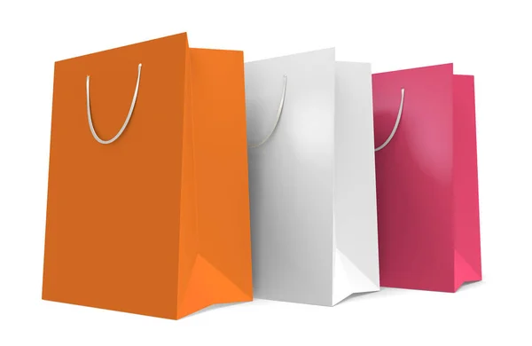 Skupina 3 oranžové, bílé a růžové nákupní tašky, vykreslování 3d objektů — Stock fotografie