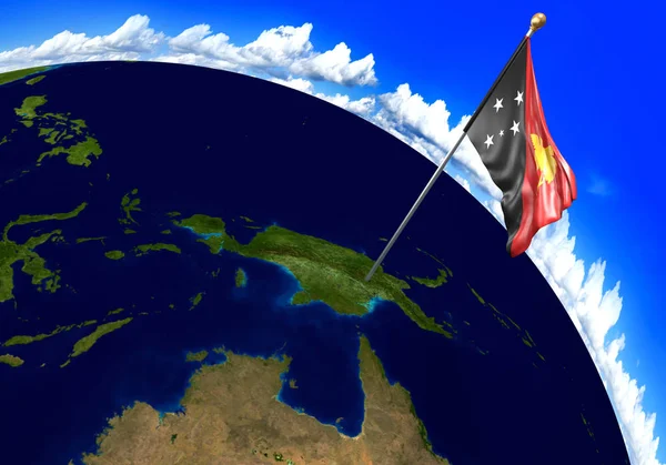 Papua New Guinea national flag marking the country location on world map — Stock Photo, Image