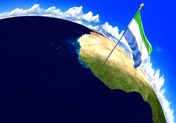 Sierra Leone national flag marking the country location on world map. 3D rendering, parts of this image furnished by NASA — Stock Photo, Image