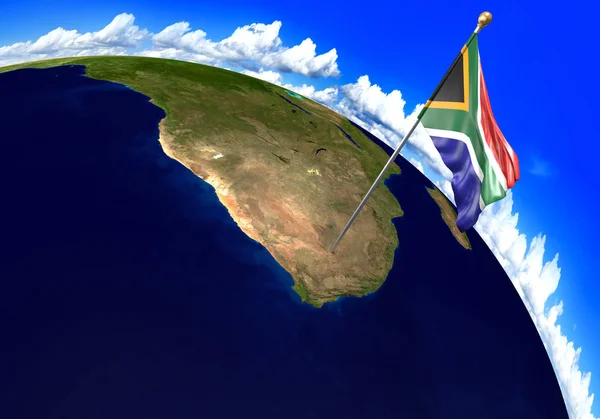 Bandeira nacional da África do Sul marcando a localização do país no mapa do mundo — Fotografia de Stock