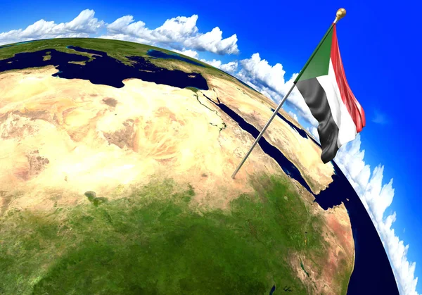 Sudan national flag marking the country location on world map — Stock Photo, Image