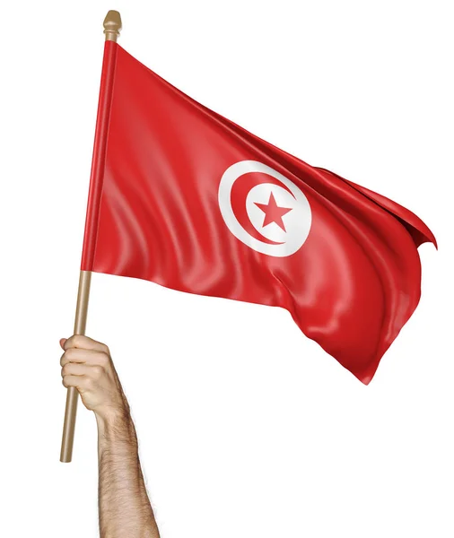 Gururla beyaz arka plan üzerinde 3d render izole Tunus bayrağı sallayarak el — Stok fotoğraf