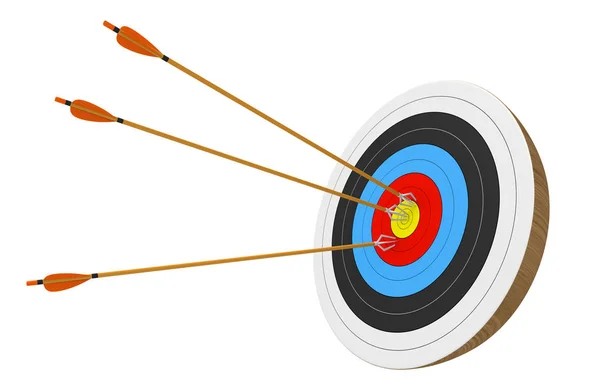 Objetivo de tiro con arco aislado sobre fondo blanco con tres flechas exactamente pegadas en el anillo central, renderizado 3D — Foto de Stock