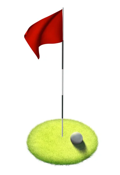 Beyaz golf topu ve kırmızı bayrak, 3d işleme koyarak yeşil çimen üzerinde oturan — Stok fotoğraf