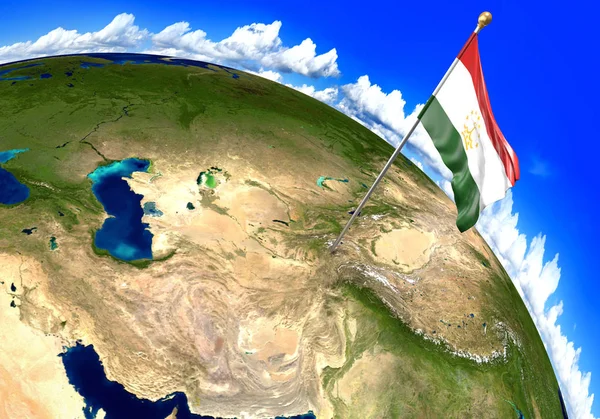 Bandiera nazionale del Tagikistan che segna la posizione del paese sulla mappa del mondo — Foto Stock