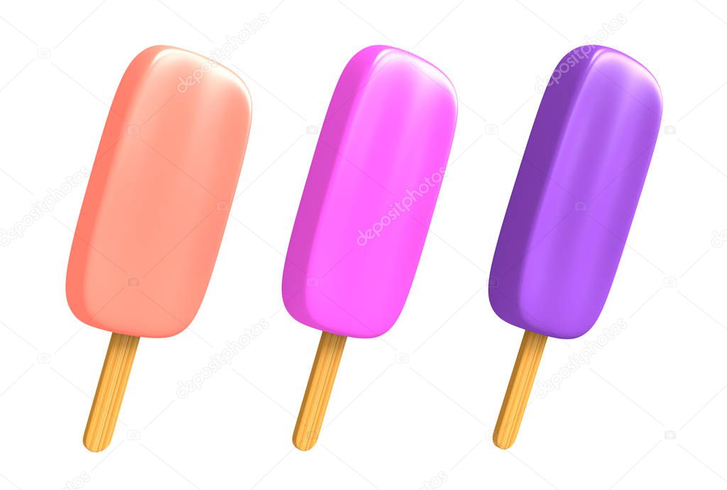 Three frosty berry flavored ice cream popsicles isolated on white background, 3D rendering