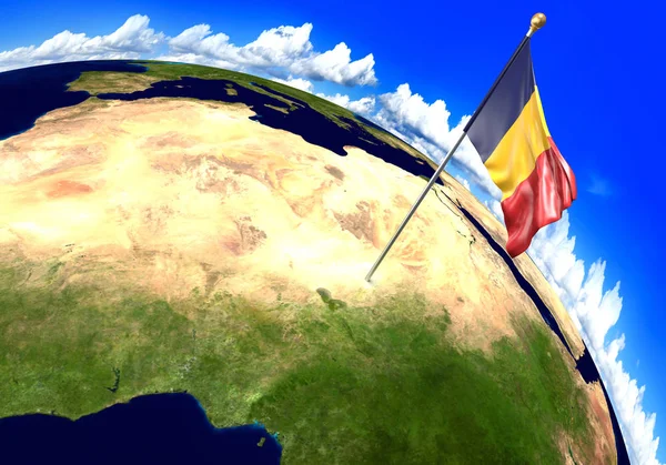 Національний прапор Чаду маркування країну місцезнаходження на карті світу — стокове фото