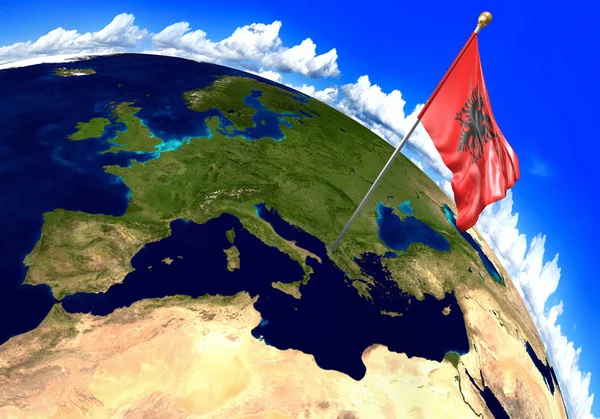 Albanie drapeau national marquant l'emplacement du pays sur la carte du monde — Photo