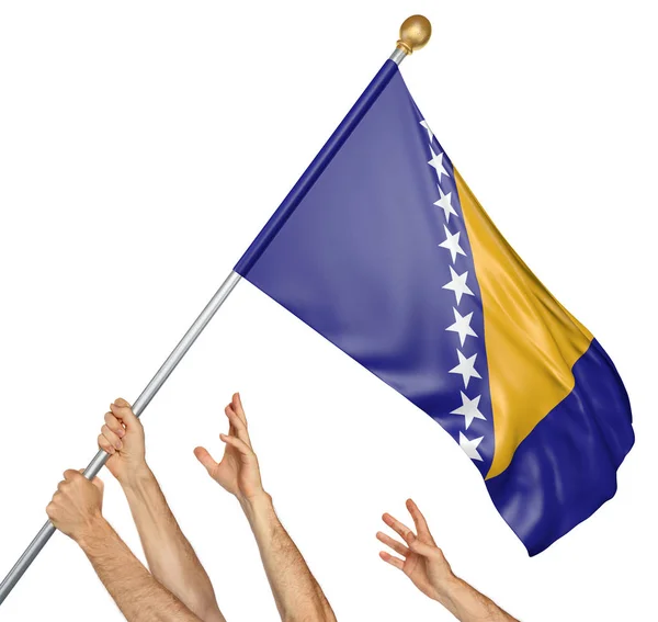 बोस्निया और हर्जेगोविना राष्ट्रीय ध्वज उठाने वाले लोगों के हाथों की टीम, सफेद पृष्ठभूमि पर अलग 3 डी रेंडरिंग — स्टॉक फ़ोटो, इमेज