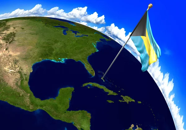 Bahamas flagga märkning på land plats på världskartan — Stockfoto